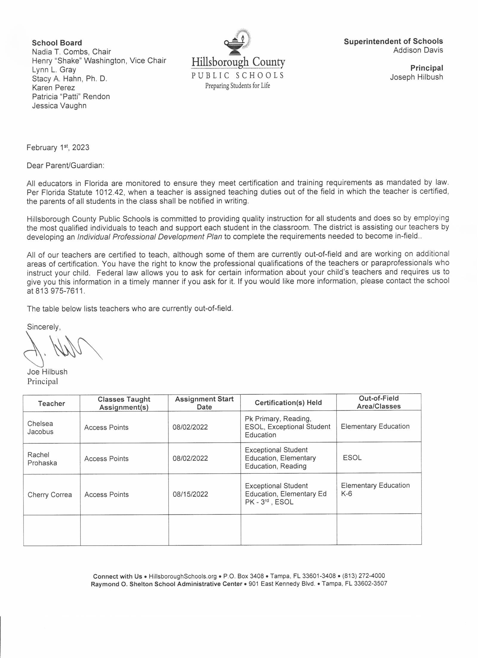   Out of Field Letter - English 22-23